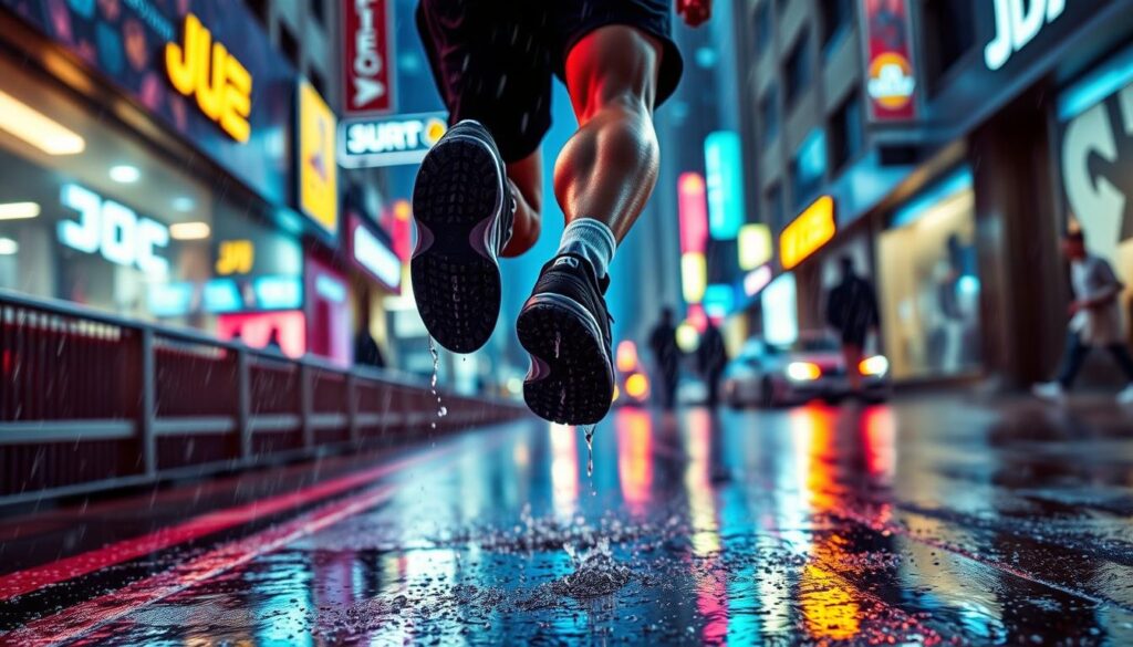 A dynamic urban streetscape, rain-soaked and glistening, where a determined runner sprints through the downpour, clad in the latest water-resistant footwear from JD Sports. Their exclusive brand partnerships are showcased in the sleek, innovative designs that offer unparalleled grip and comfort, even in the most challenging conditions. Vibrant neon lights and reflective surfaces create a striking, futuristic atmosphere, capturing the energy and excitement of the JD Sports experience.