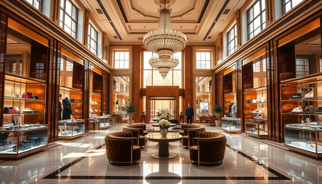 A grand, opulent interior of saksfifthavenue, bathed in warm, golden light filtering through large windows. Plush, velvet-upholstered seating invites shoppers to relax amidst the luxurious displays of high-end fashion, accessories, and jewelry. Elegant chandeliers cast a soft, ambient glow, while gleaming marble floors and polished wood accents exude an air of sophisticated elegance. Knowledgeable, attentive sales associates are poised to provide exceptional customer service, ensuring a truly memorable luxury shopping experience.