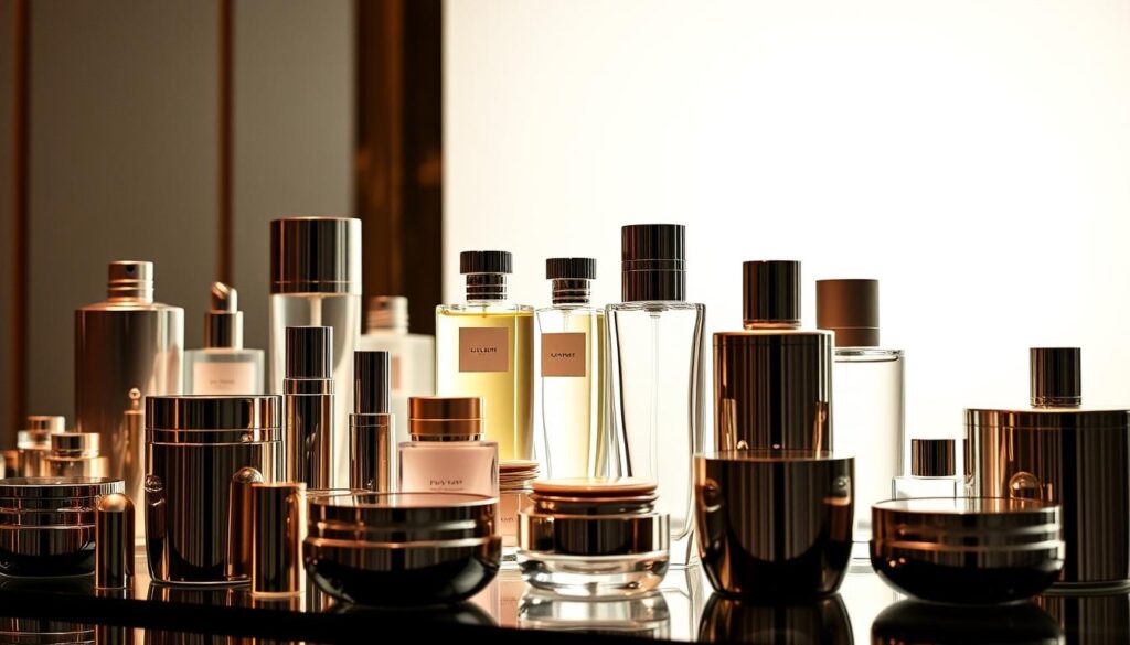 A luxurious display of high-end beauty products at saksfifthavenue, showcasing a captivating arrangement of sleek, metallic containers and glossy, translucent bottles. Diffused, warm lighting illuminates the scene, casting a soft, radiant glow and creating an atmosphere of opulence and refinement. In the foreground, exquisite cosmetics and skincare items are carefully positioned, their intricate packaging and elegant design elements commanding attention. The middle ground features a selection of premium fragrances, their crystalline flacons reflecting the light and emanating a sense of exclusivity. In the background, a minimalist, monochromatic backdrop provides a sophisticated and uncluttered setting, allowing the luxury beauty products to take center stage.