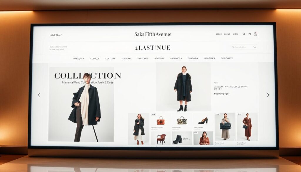 A sleek, modern online shopping interface for saksfifthavenue, showcasing a curated selection of high-end fashion and luxury goods. The layout features a clean, minimalist design with bold typography and elegant product imagery. In the foreground, a large central display highlights the latest seasonal collections, with additional product categories neatly organized along the sides. The middle ground features a grid of individual product tiles, each showcasing detailed product shots and descriptions. The background is a soft, subtle gradient, creating a sense of depth and sophistication. Warm, diffused lighting creates a luxurious ambiance, accentuating the premium quality of the displayed merchandise. The overall atmosphere conveys the exclusivity and refinement associated with the saksfifthavenue brand.
