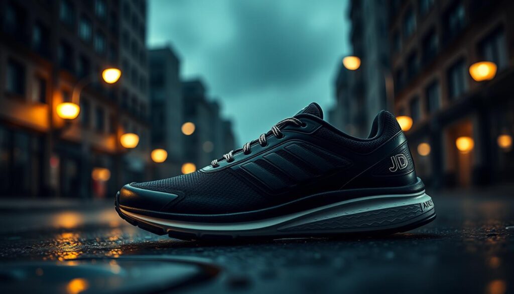 A sleek pair of JD athletic shoes stand out against a dark, rainy urban backdrop. The shoes feature a streamlined, water-resistant design with a grippy, shock-absorbing sole. Subtle branding accents the side panel, while the overall silhouette conveys a sense of speed and performance. Beams of light from nearby streetlamps cast a warm, moody glow, hinting at the shoes' ability to weather inclement conditions. The scene evokes the legacy of JD Sports as a trusted brand for athletes seeking reliable, stylish footwear for their active lifestyles.